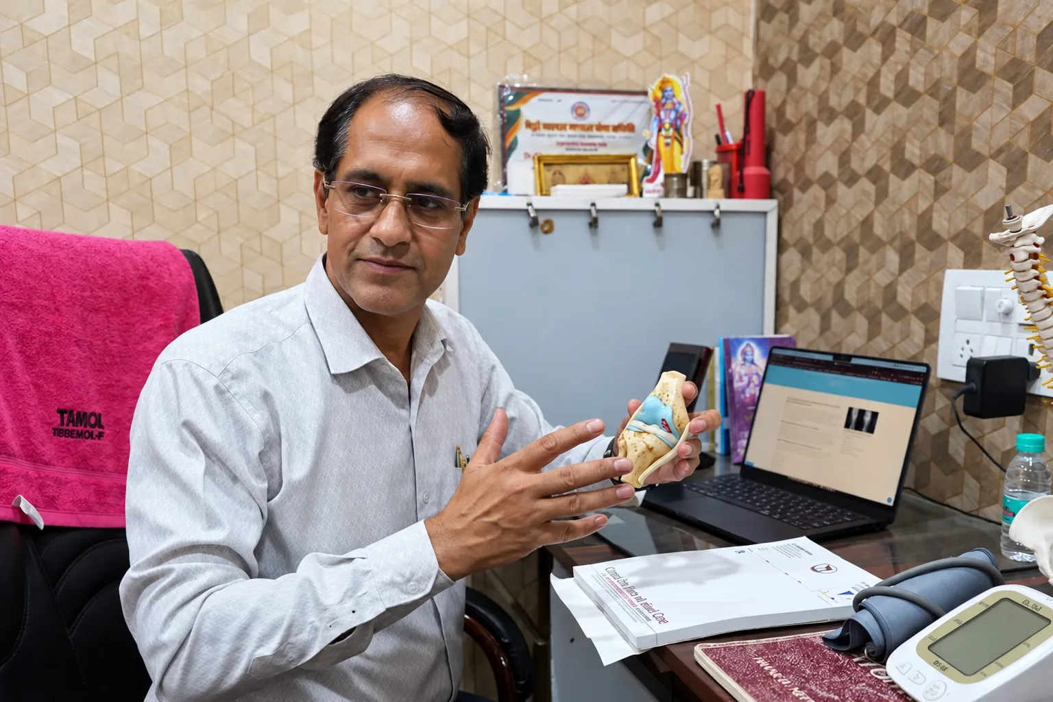 Dr. Mukesh Tiwari explaining with a knee joint model at his clinic desk
